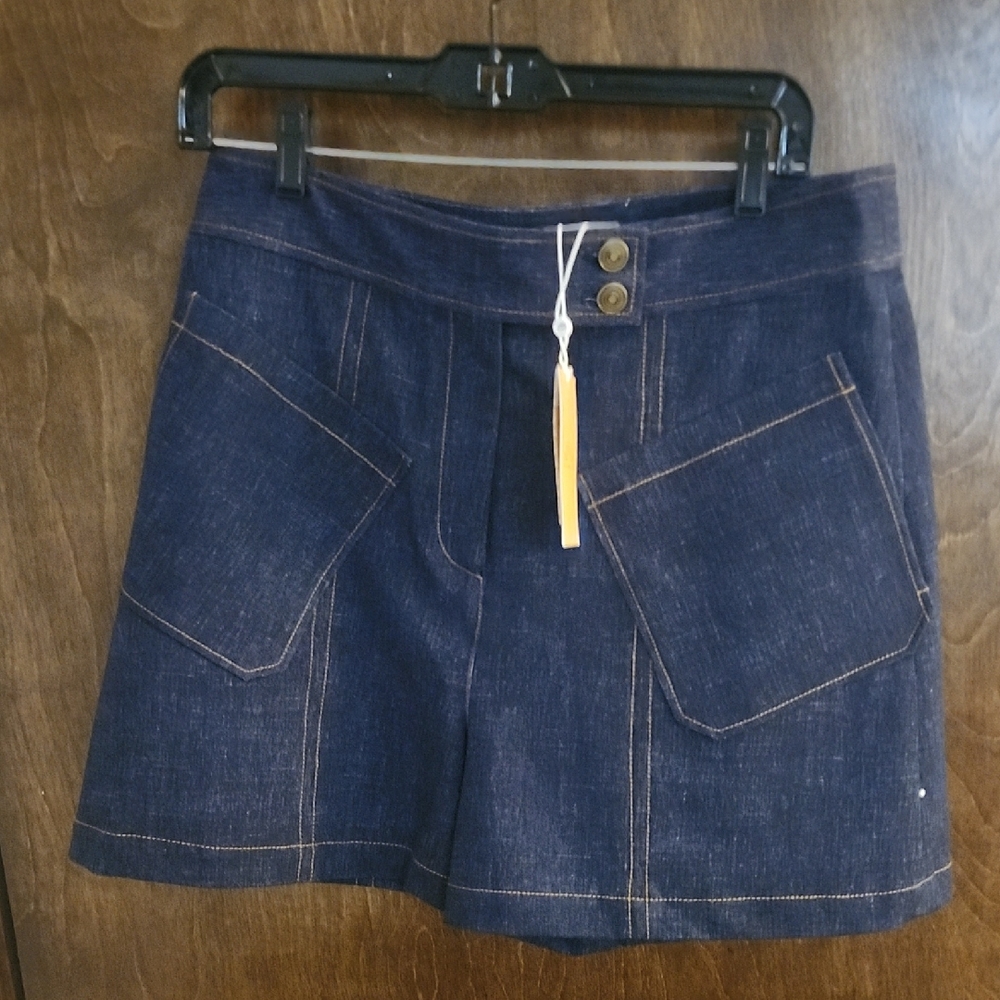 Pearl By Lela Rose NWT Dark Blue Jean Shorts with Tan Stitching